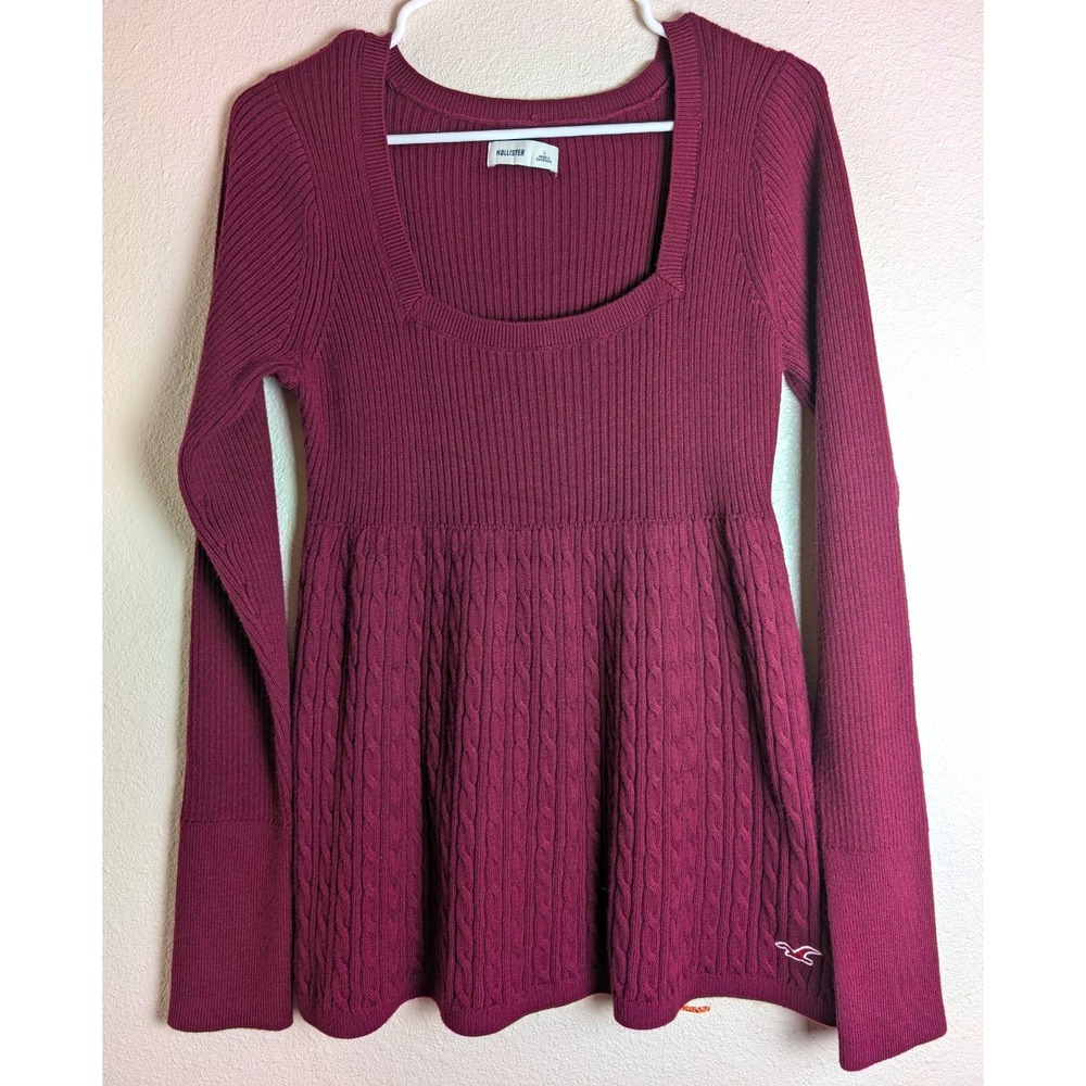 Hollister Women's Large Burgundy Cable Knit Peplum Sweater Scoop Neck Y2K inspo